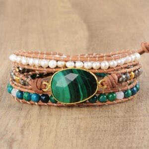 Malachite Chrysocolla & Pearl Wrap Bracelet